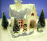 Click to see free downloadable plans and instructions for completing this vintage-style pasteboard Christmas house.